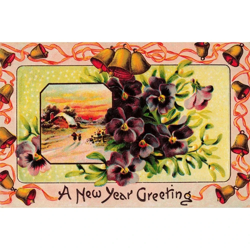 Antique 1914 New Year Greeting Postcard Embossed Pansies Winter Scene Germany